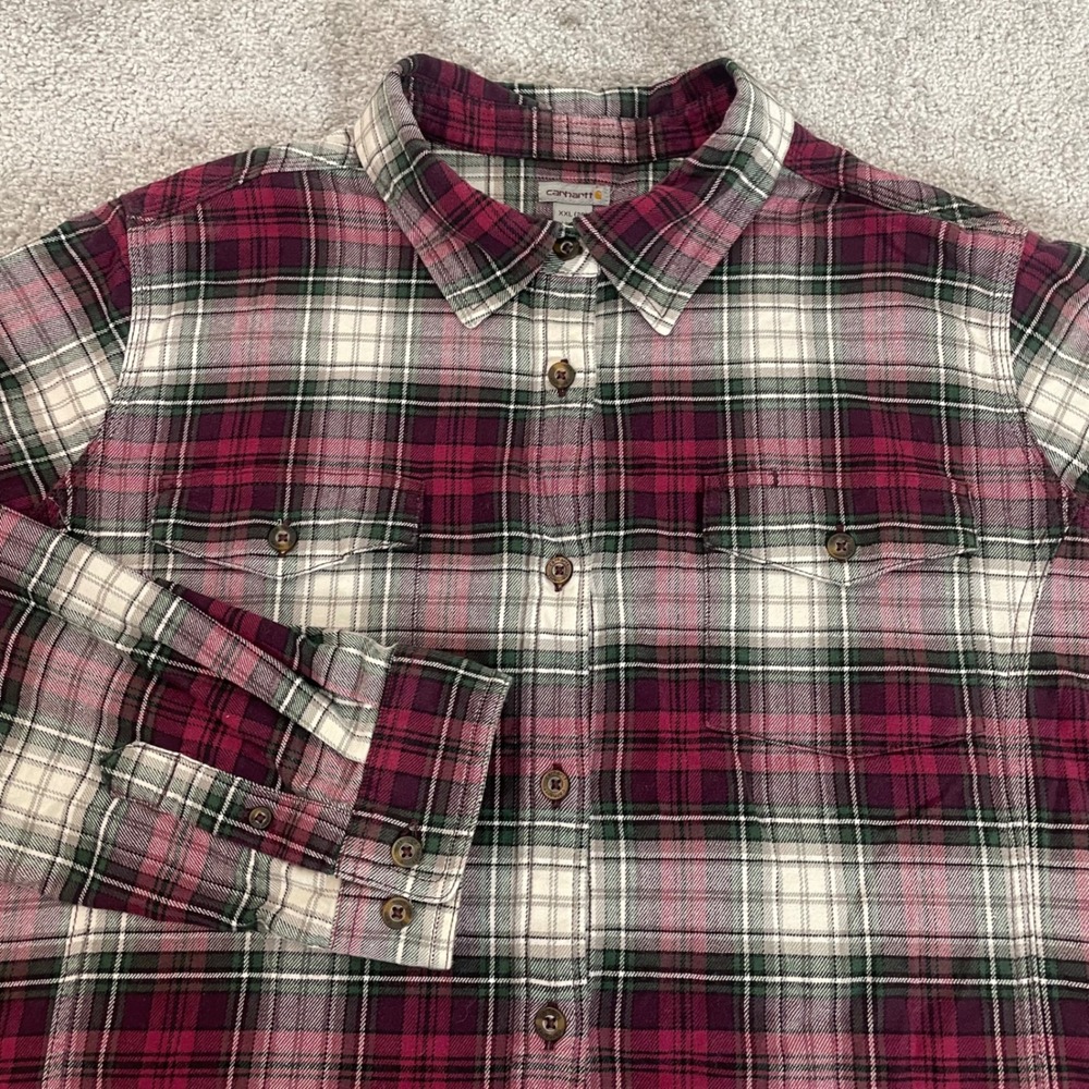 Carhartt Flannel Shirt Womens XXL 20 Plaid Button Up Cabin Burgundy Green 2XL